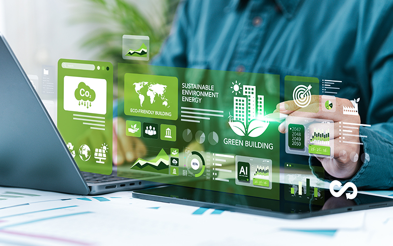 Un professionista analizza dashboard digitali sulla sostenibilità e l'energia pulita, in linea con gli Standard GRI per il reporting non finanziario.